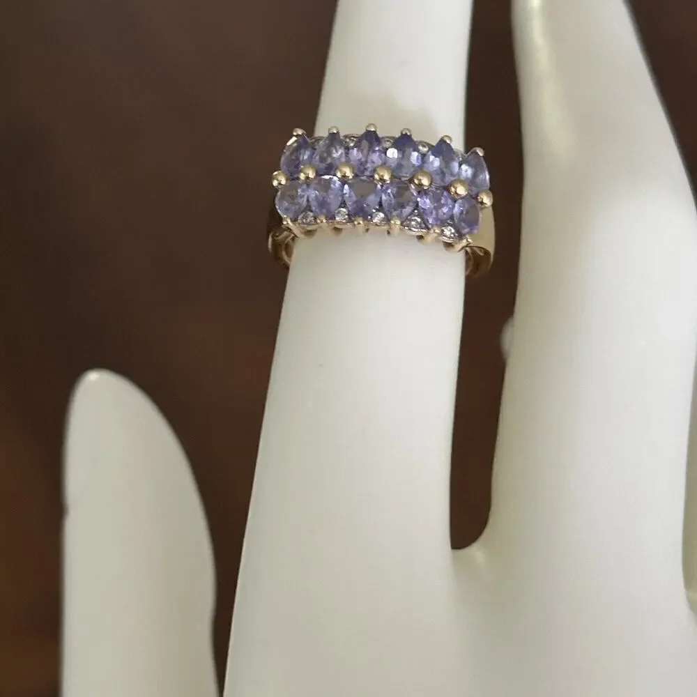 14K Yellow Gold Tanzanite Double Row & Diamond Ladies Band Ring Size 5.5